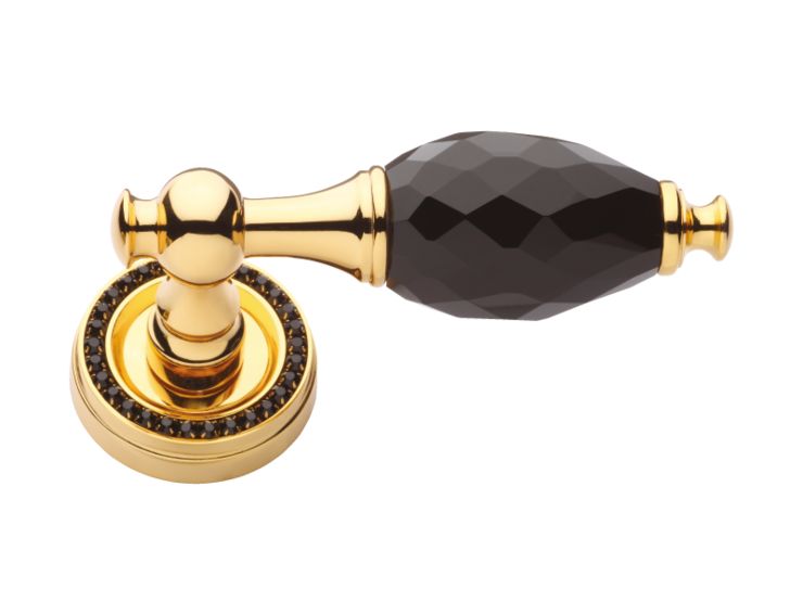 Dveřní klika Bebek s černým krystalem a krystaly v rozetě s potahem 24k zlata
